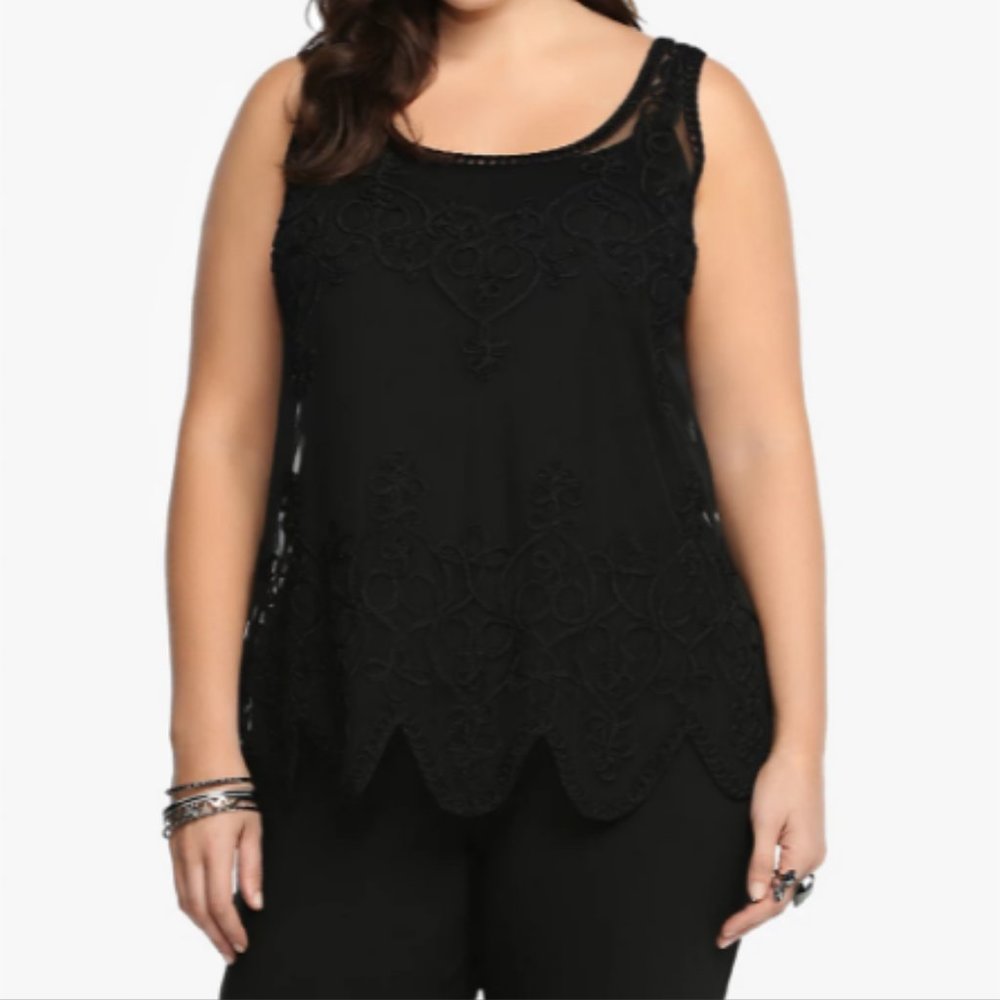 Torrid Women's Embroidered Mesh Tank Size 1 Black Sheer